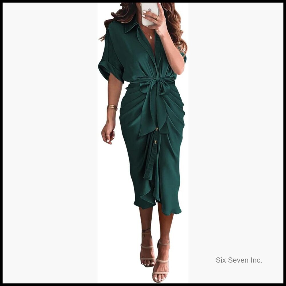 Silk Satin Ruched Maxi Dress Button Short Sleeve Shirt Dress